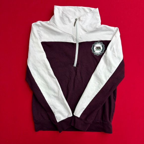 On Fire Tops - On Fire California Republic Quarter Zip Sweatshirt Maroon White Colorblock Large